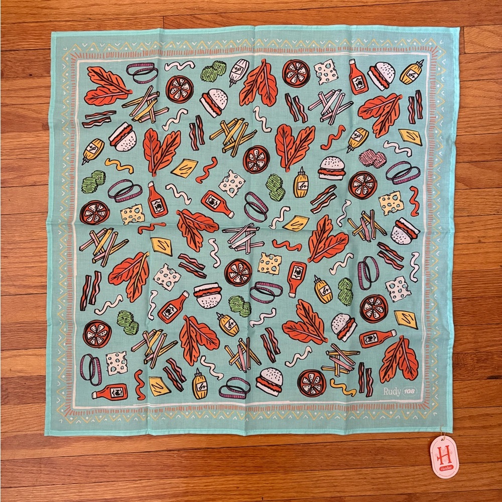 Handker 008 Rudy Hamburger & Fries Picnic Teal Patterned Cotton Bandana
